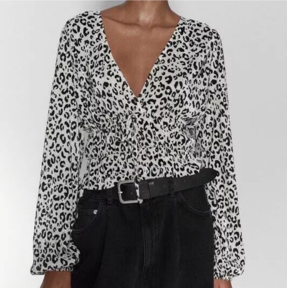 Zara Leopard Print Pleated Wrap Blouse Medium V-Neck